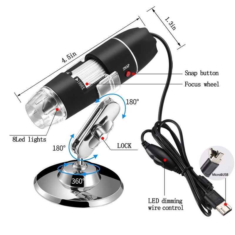Jiusion 40 to 1000x Magnification Endoscope, 8 LED USB 2.0 Digital Microscope, Mini Camera with OTG Adapter Metal Stand, Compatible with Mac Windows 7 8 10 11 Android Linux Chrome Not for iPhone/iPad - Image 3